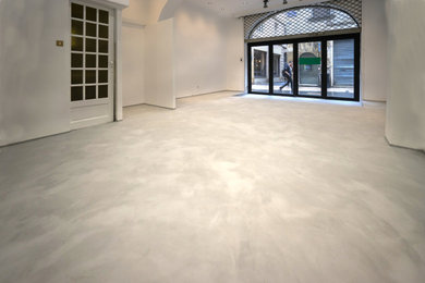 Diseño de galería actual grande con suelo de cemento y suelo gris