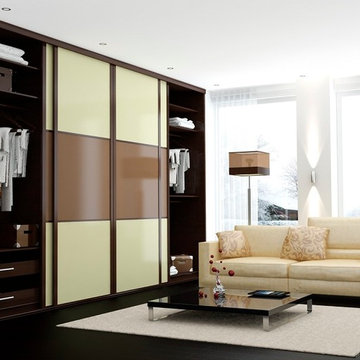 Beige & Caramel glass sliding wardrobe with the section for TV
