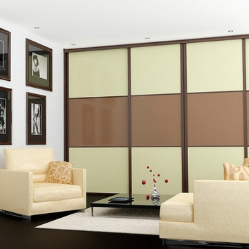 Beige & Caramel glass sliding wardrobe with the section for TV