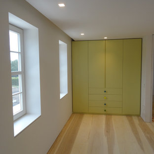 Foto di un armadio o armadio a muro unisex minimal di medie dimensioni con ante lisce, ante verdi e parquet chiaro