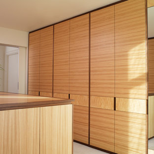 Modelo de armario vestidor unisex, moderno, grande, con armarios con paneles lisos, puertas de armario de madera oscura y moqueta