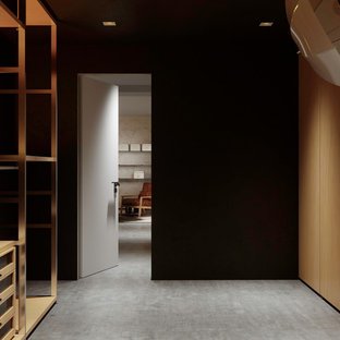 Imagen de armario unisex, escandinavo, de tamaño medio, con armarios con paneles lisos, puertas de armario de madera clara y suelo de cemento