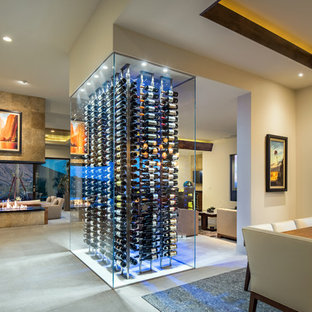 Ispirazione per una cantina design di medie dimensioni con portabottiglie a vista e pavimento grigio