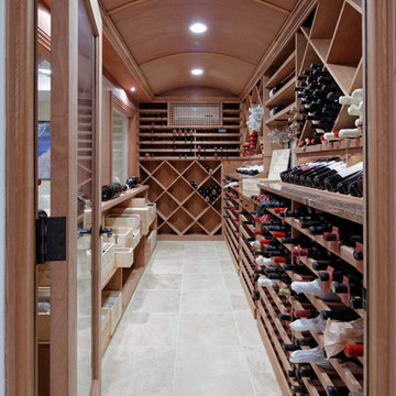 After shot of this custom wine room & entertainment space in suburban new york