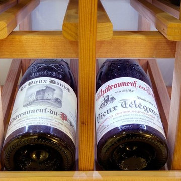 Bottle Display Row in Wine Cellar with Modular Redwood Wine Racks