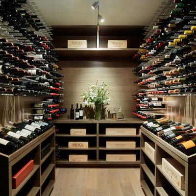 Inspiration for a large contemporary light wood floor and beige floor wine cellar remodel in San Francisco with storage racks