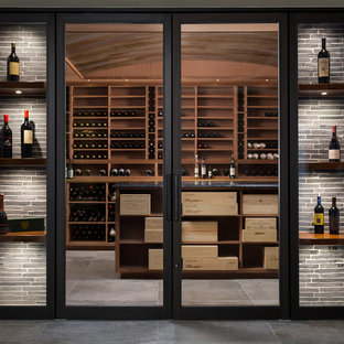 Esempio di una cantina minimalista di medie dimensioni con pavimento in cemento, rastrelliere portabottiglie e pavimento grigio