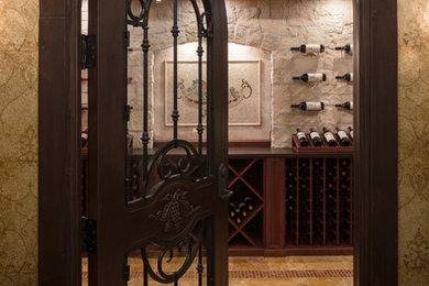 Photo of a medium sized traditional wine cellar in Boston with travertine flooring, storage racks and beige floors.