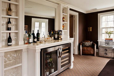 Example of a transitional carpeted and brown floor wine cellar design in New York