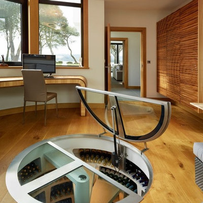 Wine cellar - mid-sized contemporary light wood floor wine cellar idea in Los Angeles with storage racks