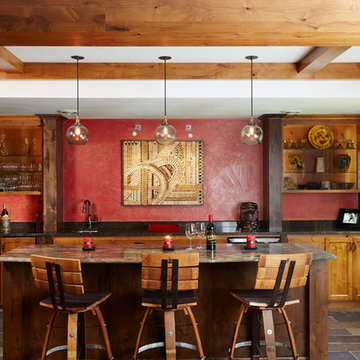 Custom wine cellar & bar—Wood beam feature
