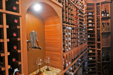 タンパにある高級な広いトラディショナルスタイルのおしゃれなワインセラー (濃色無垢フローリング、ワインラック、茶色い床) の写真