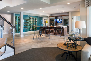 Inspiration for a large modern medium tone wood floor wine cellar remodel in Calgary with display racks