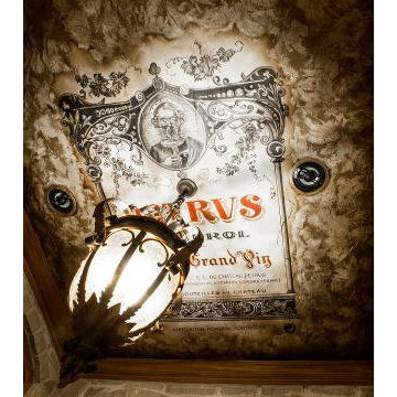 Hand painted wine label on wine cellar ceiling