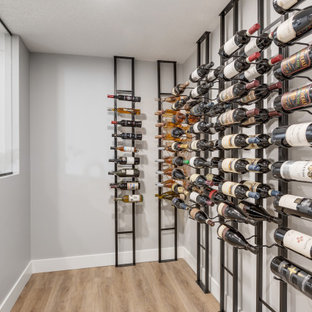Immagine di una piccola cantina contemporanea con pavimento in vinile, rastrelliere portabottiglie e pavimento marrone