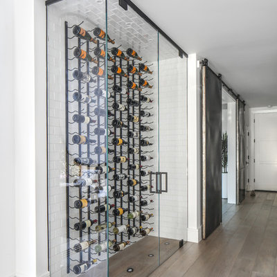 Trendy medium tone wood floor and gray floor wine cellar photo in Orange County with storage racks