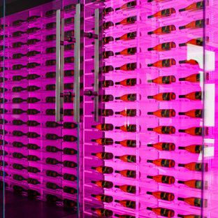 Foto di una cantina design di medie dimensioni con rastrelliere portabottiglie