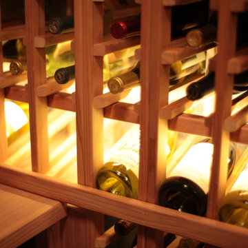 LED Lit Bottle Display Row in Wine Cellar