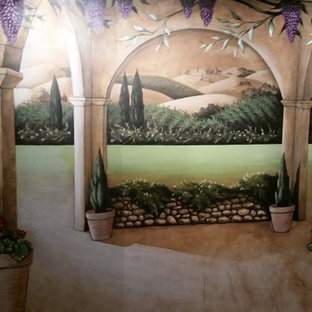Cette image montre une grand cave à vin méditerranéenne avec un sol en linoléum.