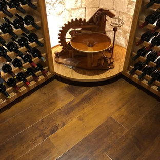 Cette image montre une grand cave à vin traditionnelle avec un sol en vinyl et un sol marron.
