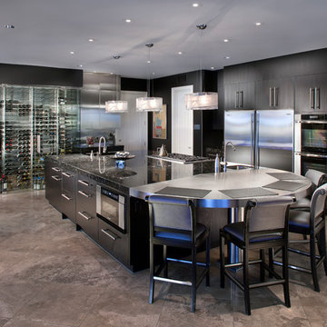 Modern Kitchen With Glass Wine Wall Cellar