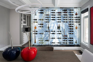 Mid-sized minimalist dark wood floor and brown floor wine cellar photo in Toronto with display racks