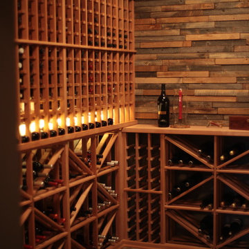 Modular Wood Wine Cellar with Custom Counter Area & Reclaimed Wood Feature Wall