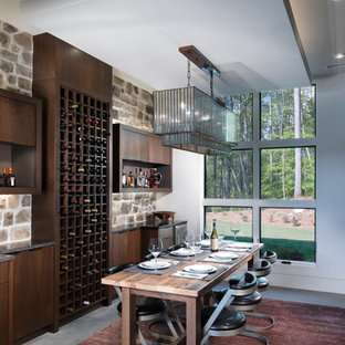 Ispirazione per una cantina contemporanea di medie dimensioni con pavimento in cemento, rastrelliere portabottiglie e pavimento grigio