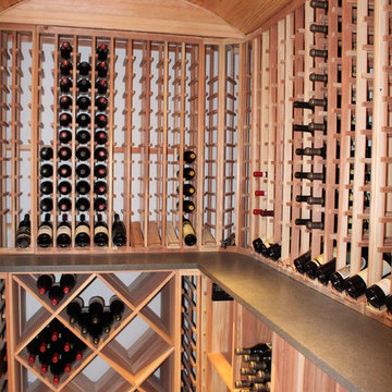 Natural Redwood Wine Cellar with Barrel Ceiling and Lava Stone Counter Top