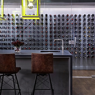 Inspiration pour une très grand cave à vin minimaliste avec un sol en bois foncé et un présentoir.