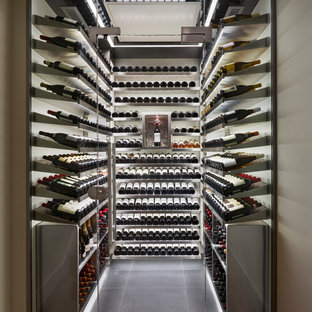 Cette image montre une cave à vin design avec des casiers et un sol gris.