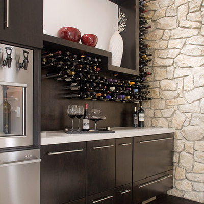 Wine cellar - contemporary dark wood floor and brown floor wine cellar idea in Other with storage racks