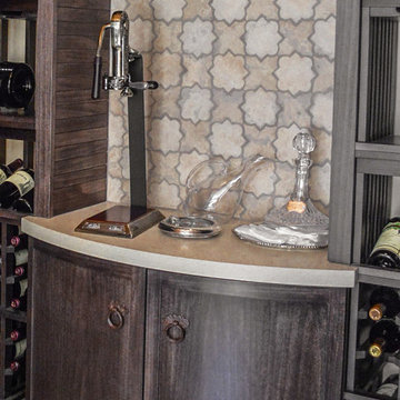 Rounded Counter-top and Cabinets of Tuscan designs in Orange County Wine Cellars