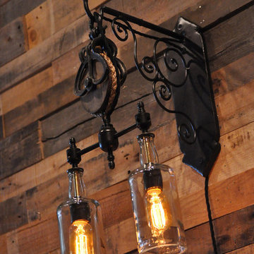 Rustic Chic Pulley Wall Lamp with Bottles