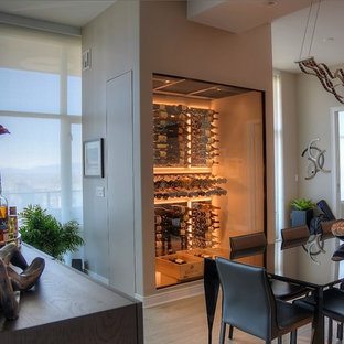 Foto di una piccola cantina moderna con parquet chiaro e portabottiglie a vista
