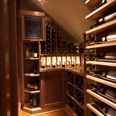 Example of a transitional medium tone wood floor wine cellar design in Toronto with display racks