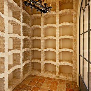 Exemple d'une cave à vin chic de taille moyenne avec un sol en carreau de terre cuite et des casiers losange.