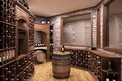Huge elegant light wood floor and brown floor wine cellar photo in Toronto with storage racks