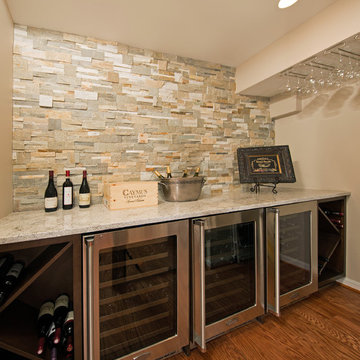 Transitional Basement Remodel: Family, Guest Bed, Bath, Wine Bar & Media Room