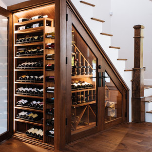 Esempio di una piccola cantina chic con parquet scuro, rastrelliere portabottiglie e pavimento marrone