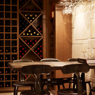 Inspiration for a contemporary wine cellar in Sydney with diamond bins and beige floor.