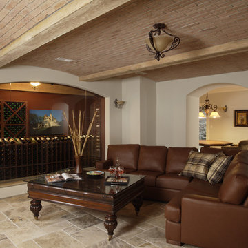 Wine Cellar and Tasting Room with Barrel Vaulted Brick and Beamed Ceiling