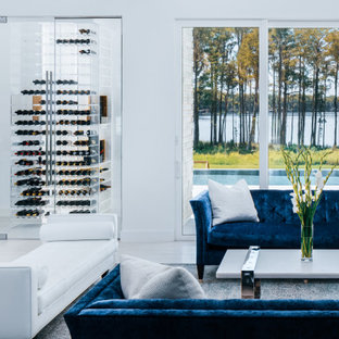 Modelo de bodega contemporánea, de tamaño medio, con suelo de baldosas de cerámica, botelleros y suelo blanco
