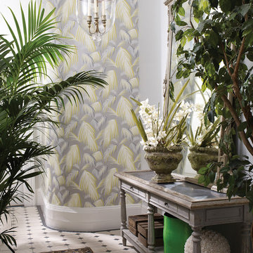 Wallpaper - Tapete floral, grau mit Farn gelb grün