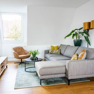 Offenes, Kleines Modernes Wohnzimmer mit weißer Wandfarbe, hellem Holzboden und freistehendem TV in Sonstige