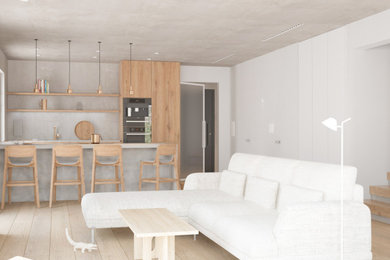 Ejemplo de sala de estar minimalista grande con paredes blancas, suelo de madera clara y televisor colgado en la pared