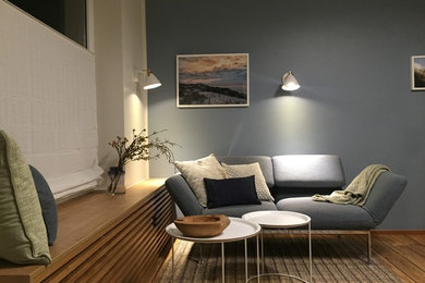 Mittelgroßes Maritimes Wohnzimmer mit blauer Wandfarbe, Vinylboden und braunem Boden in Sonstige