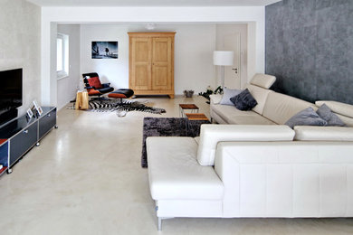Ejemplo de sala de estar contemporánea grande con paredes grises, suelo de cemento y suelo beige