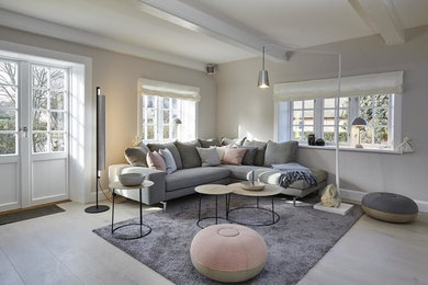 Geräumiges, Repräsentatives Nordisches Wohnzimmer mit beiger Wandfarbe, hellem Holzboden und Gaskamin in Sonstige