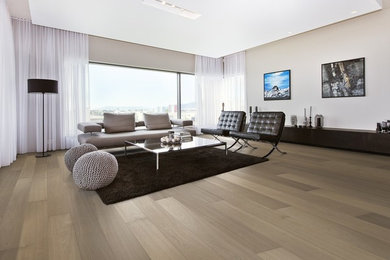 Großes Modernes Wohnzimmer mit weißer Wandfarbe und hellem Holzboden in Stuttgart